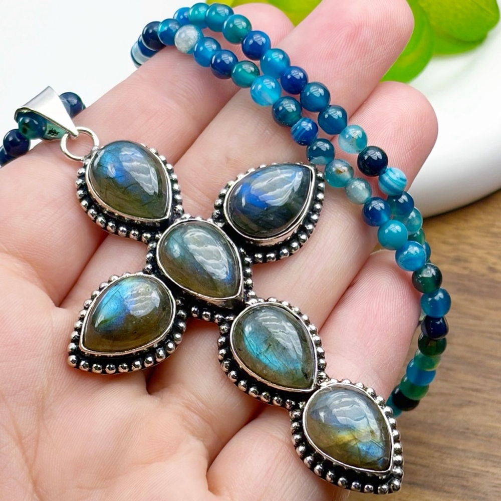 XL Flash Labradorite Cross Pendant Necklace Southwest Boho 925 Sterling Overlay